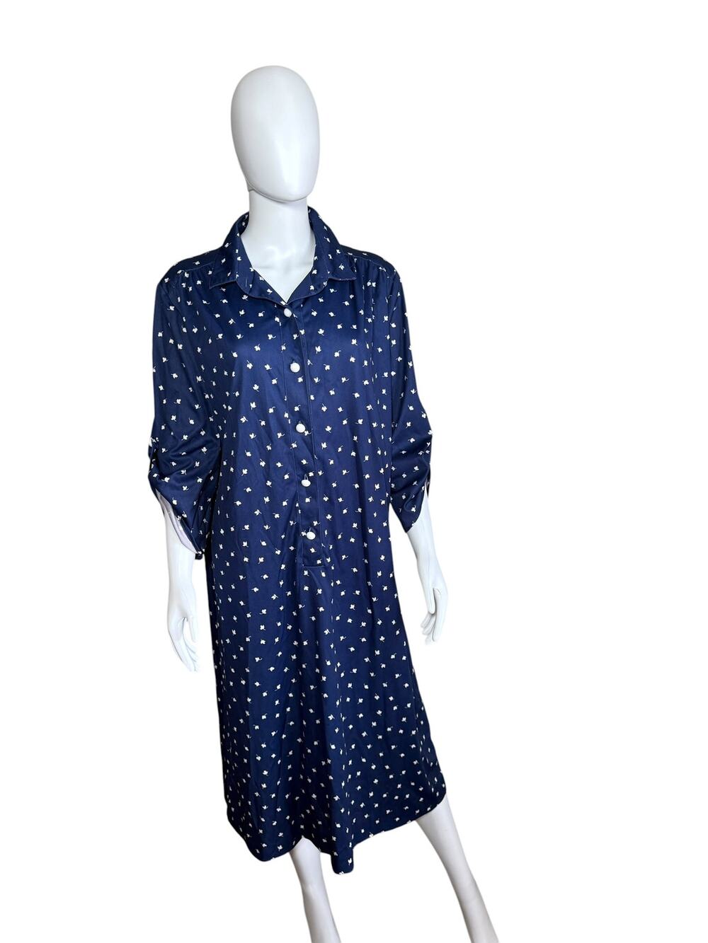 Women's Navy Button Front Printed Shirt Midi Dress